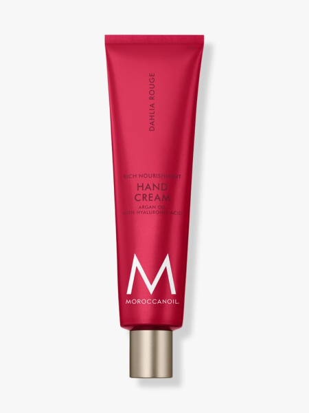 Moroccanoil Dahlia Rouge Hand Cream pink tube on light gray background