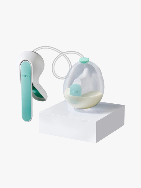 Willow Wave Wearable Manual Breast Pump white and turquoise breast pump on light gray background