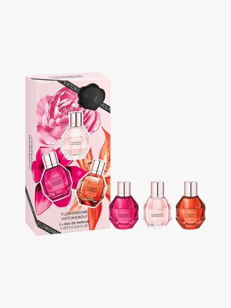 Viktor & Rolf Mini Flowerbomb Eau de Parfum Gift Set in branded components on a light gray background